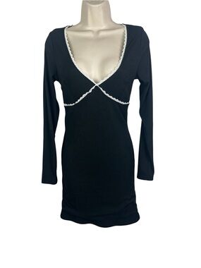 Arden B Black Long Sleeve Deep V Mini Dress with White Lace Trim